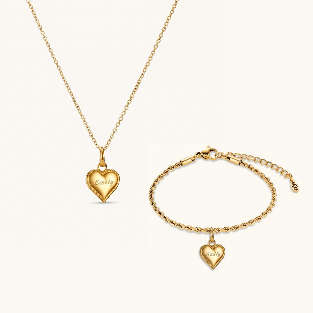 Parure Collier & Bracelet Cœur Perlé en Or
