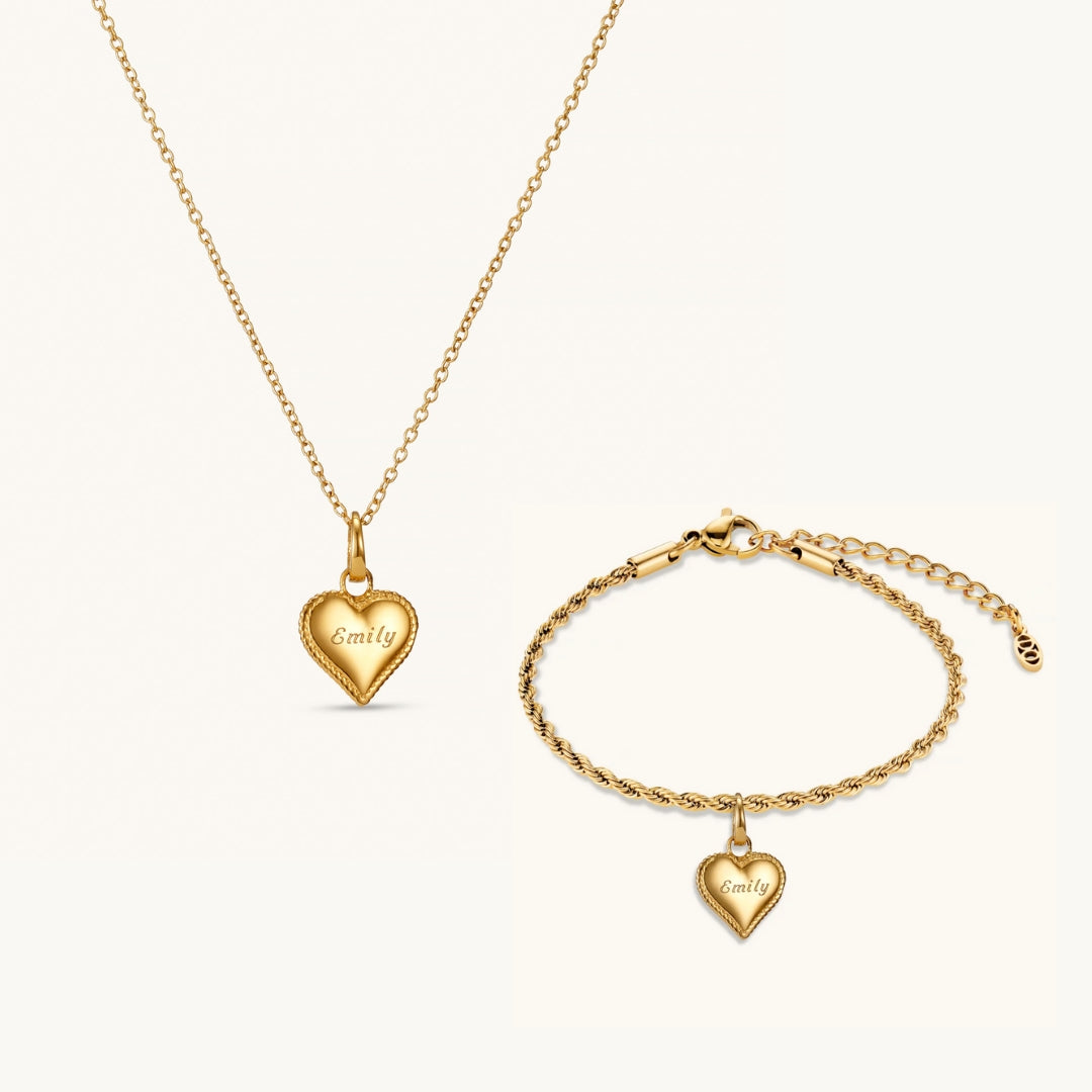 Parure Collier & Bracelet Cœur Perlé en Or