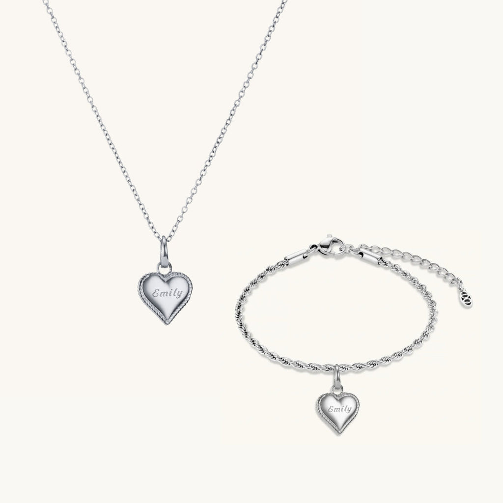 Parure Collier & Bracelet Cœur Perlé en Argent