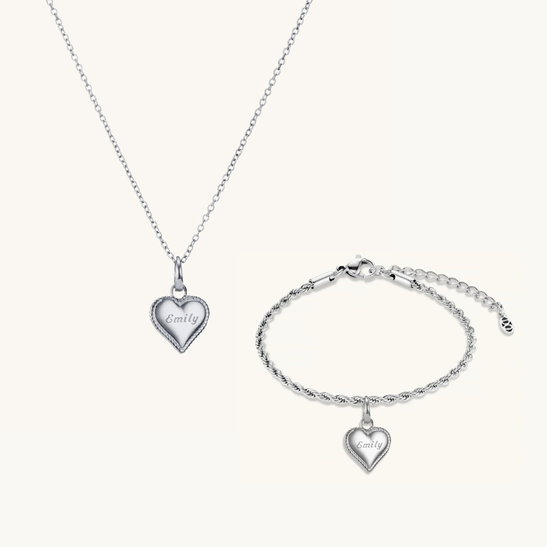 Parure Collier & Bracelet Cœur Perlé en Argent
