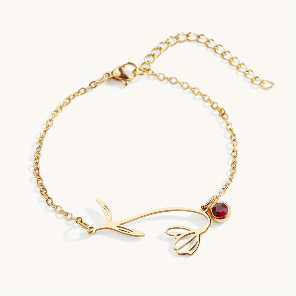 Bracelet Fleur de Naissance avec Pendentif Pierre de Naissance en Or