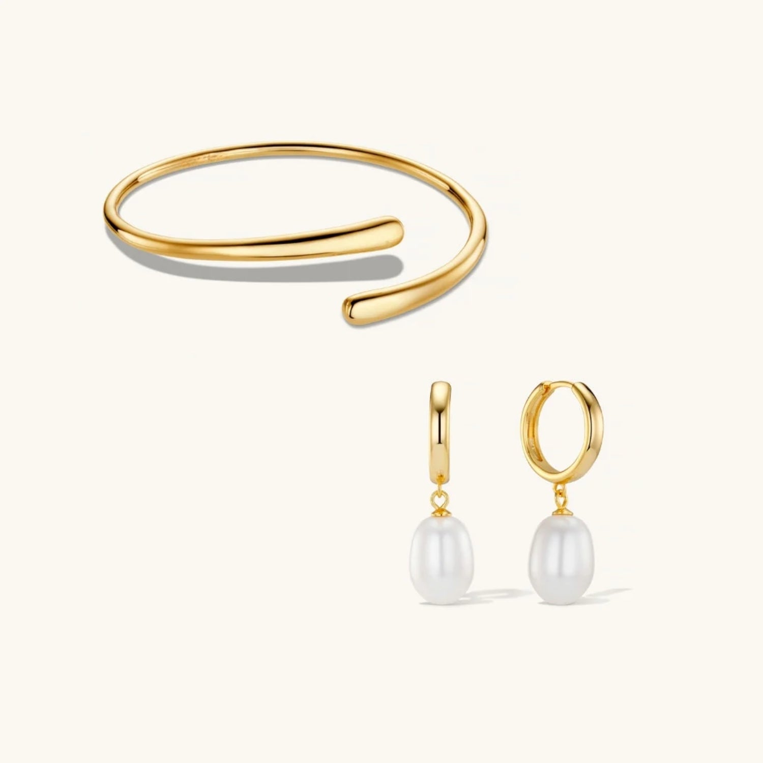 Bracelet Manchette Dôme & Créoles Aura Perle - Set Assorti en Or