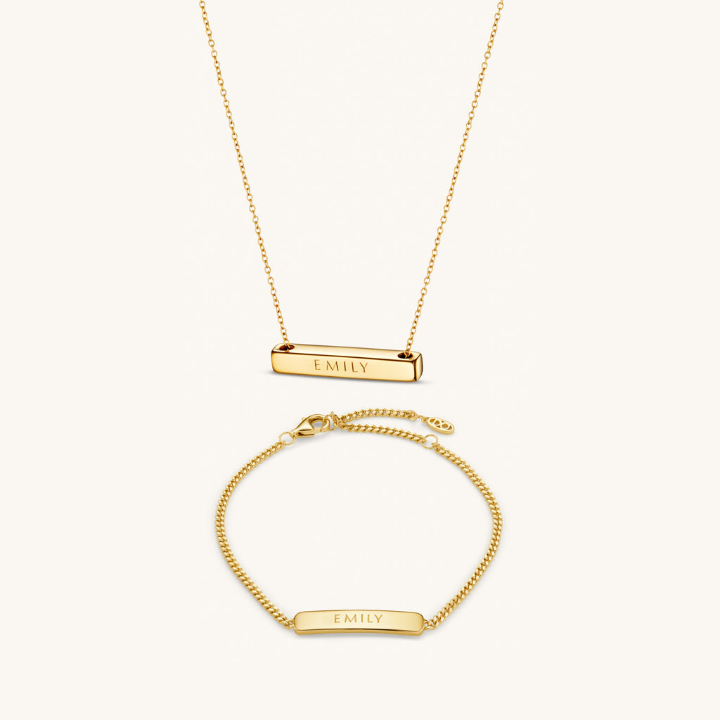 Parure Personnalisée Collier Barre Horizontale 3 cm & Bracelet Gravé en Or