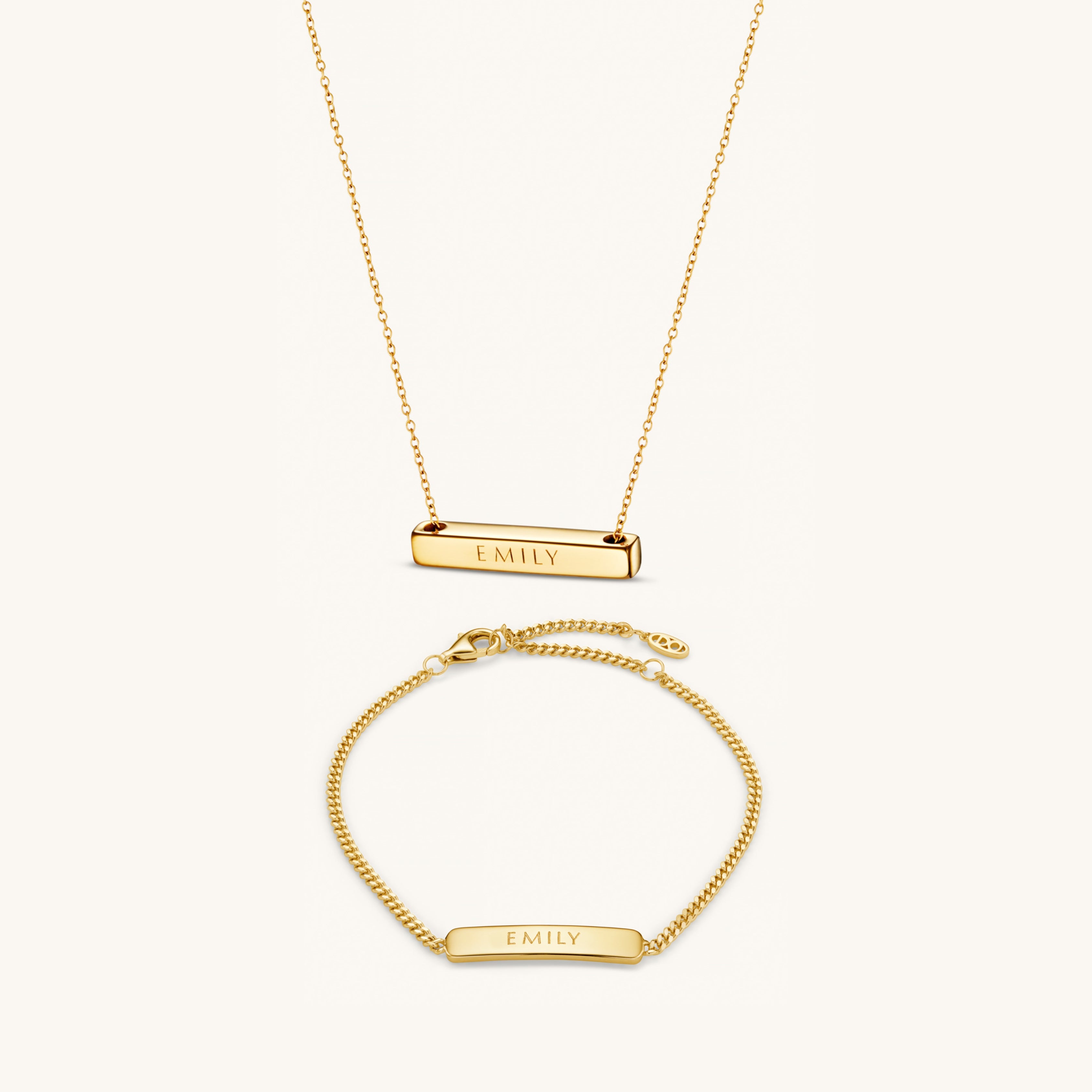 Parure Personnalisée Collier Barre Horizontale 3 cm & Bracelet Gravé en Or