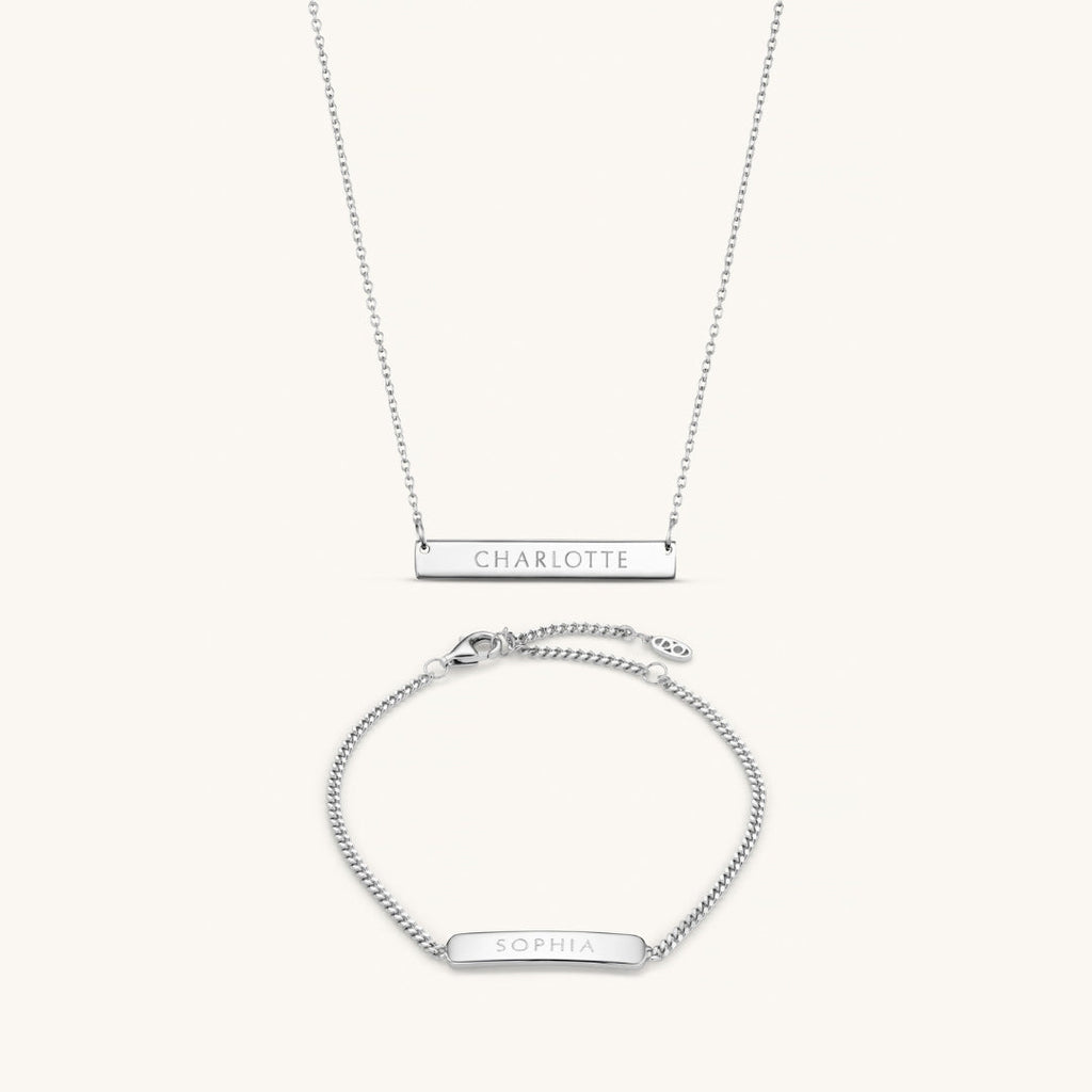 Parure Personnalisée Collier Barre Précieuse 3 cm & Bracelet Gravé en Argent