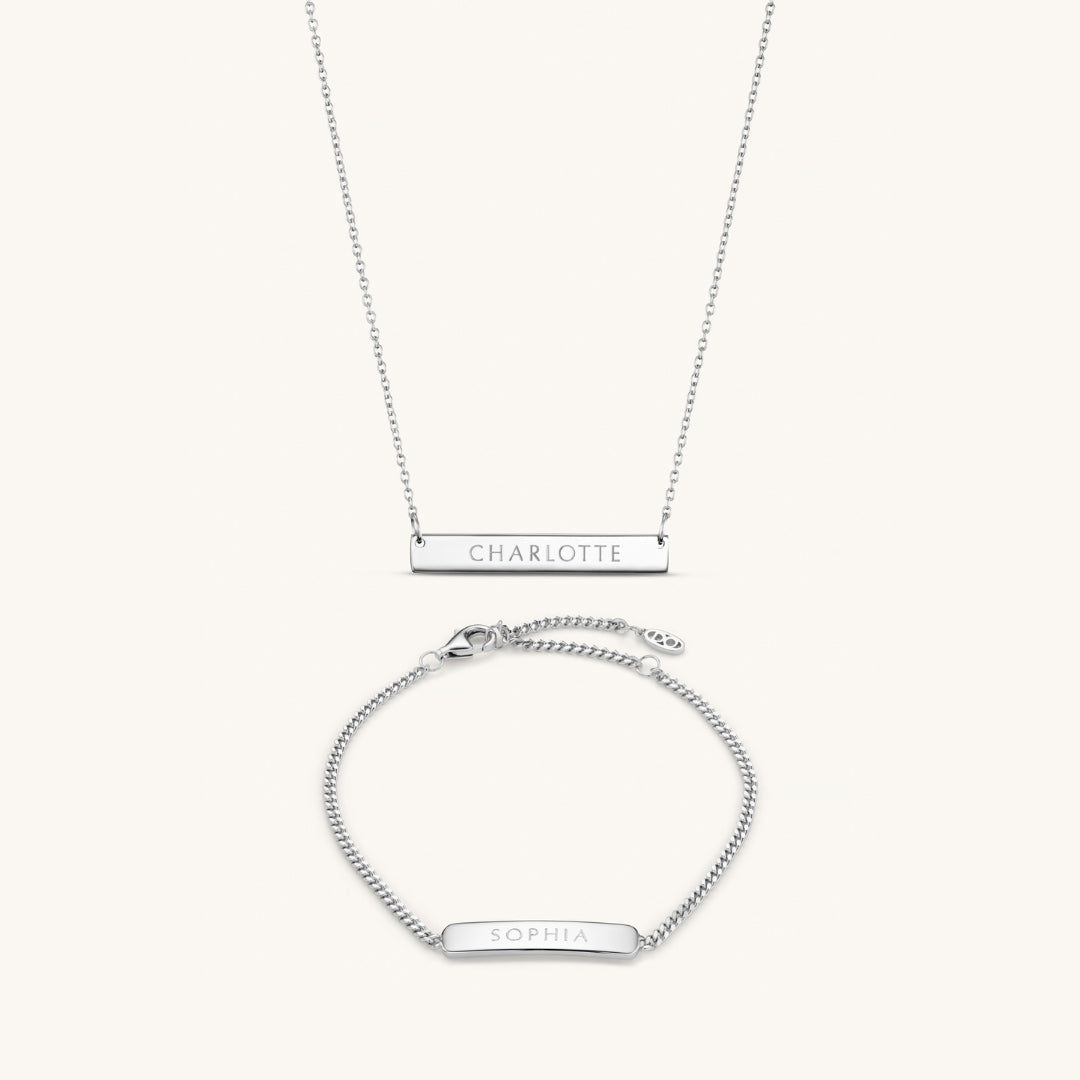 Parure Personnalisée Collier Barre Précieuse 3 cm & Bracelet Gravé en Argent