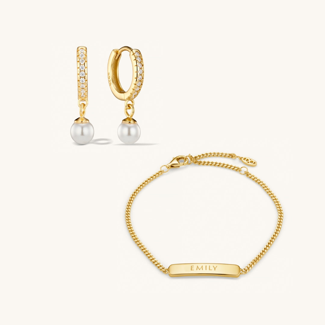 Parure Bracelet Gravé & Boucles d’Oreilles Créoles Crystal Pearl en Or