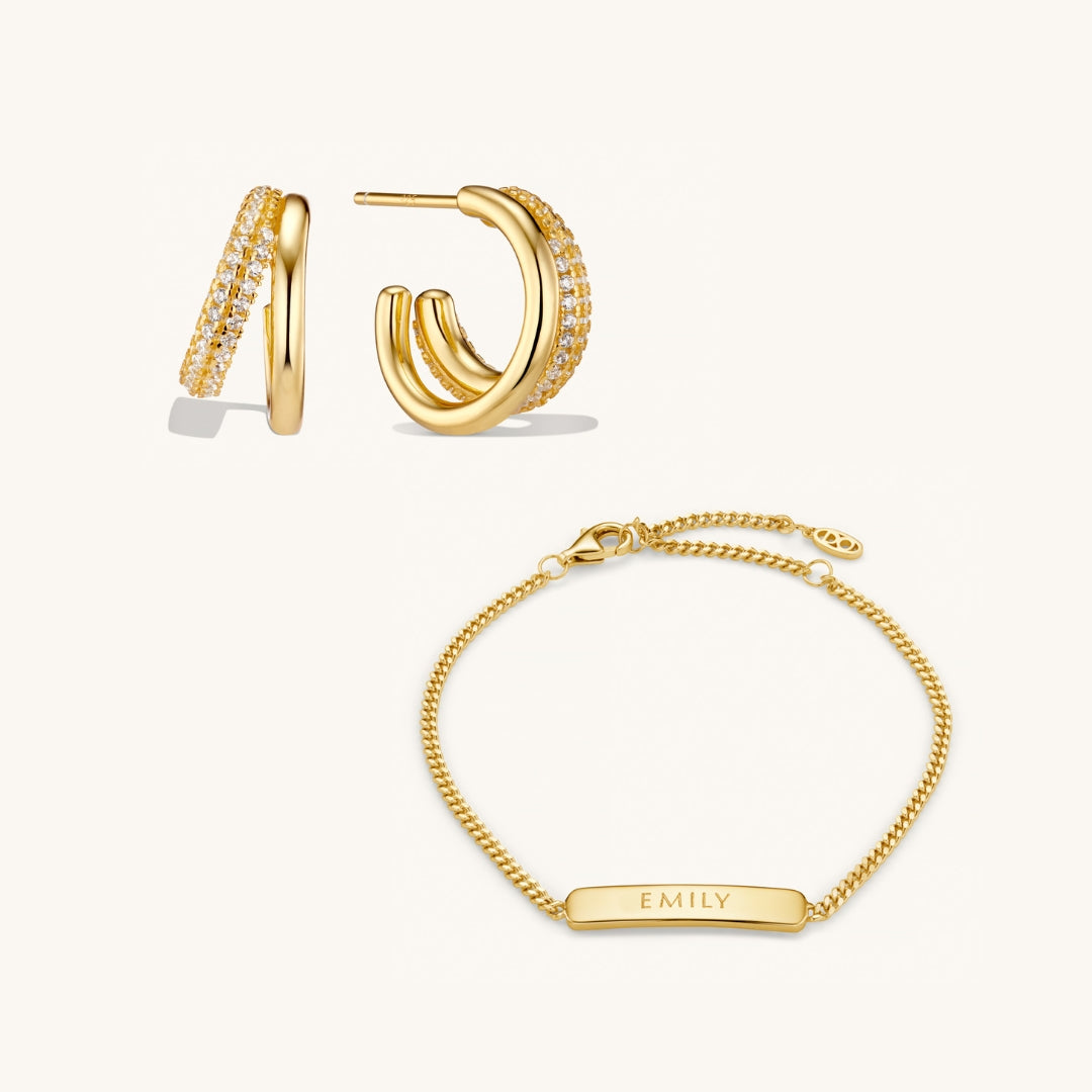 Parure Bracelet Gravé & Créoles Duo Superposées en Or