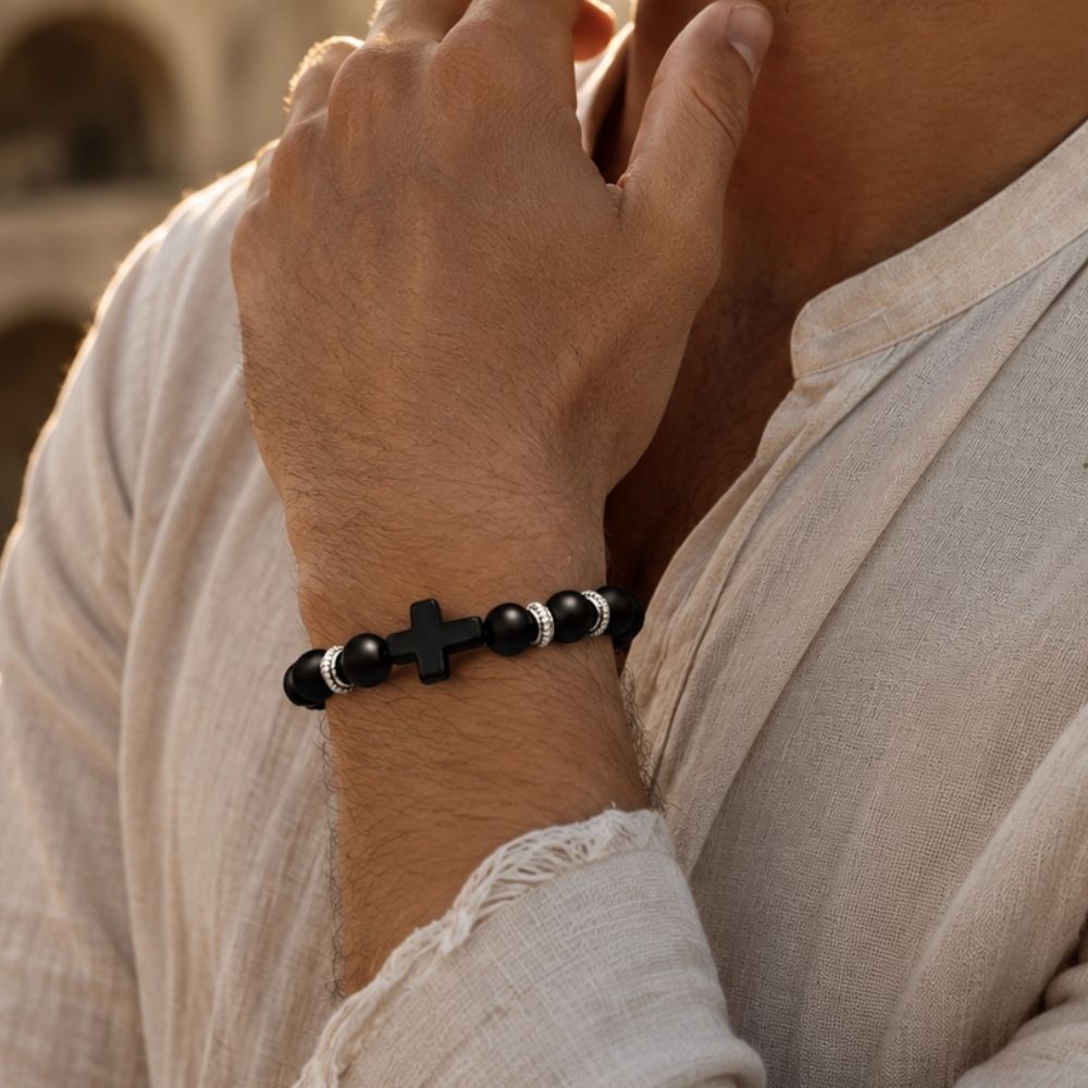 Obsidian | Bracciale Uomo Perle Croce