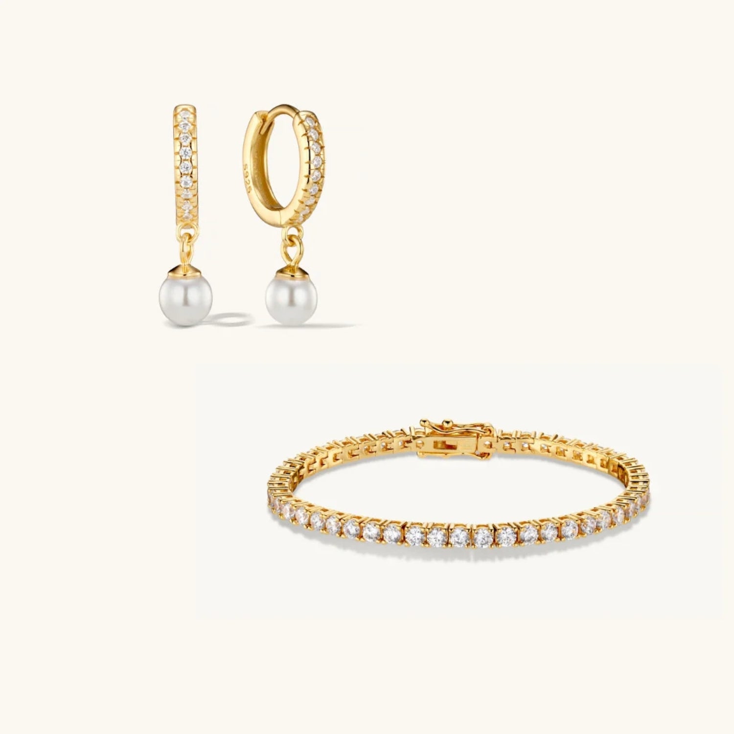 Parure Bracelet Chaîne Tennis & Boucles d’Oreilles Créoles Perles Cristal en Or