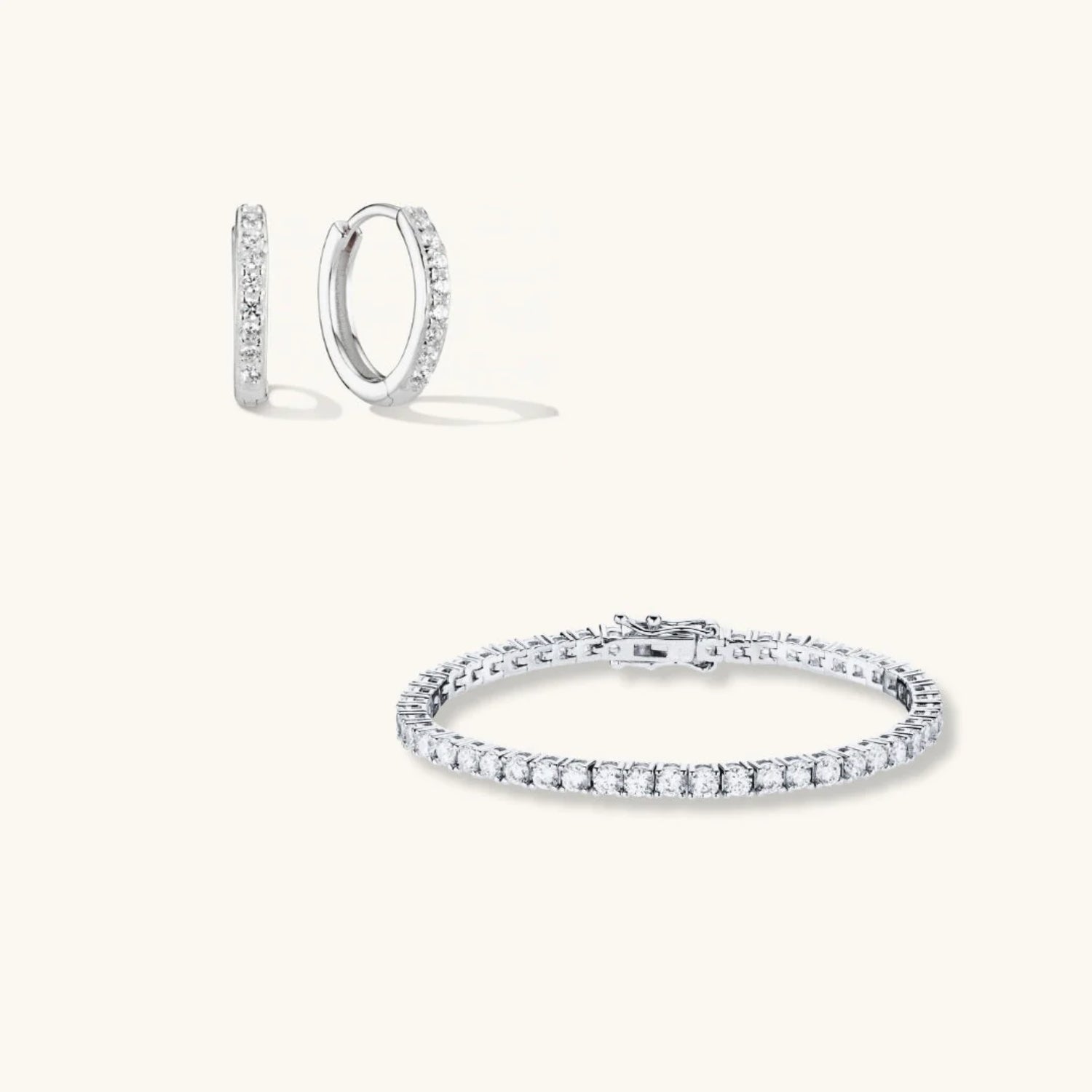 Parure Bracelet Chaîne Tennis & Petites Créoles Pavé en Argent