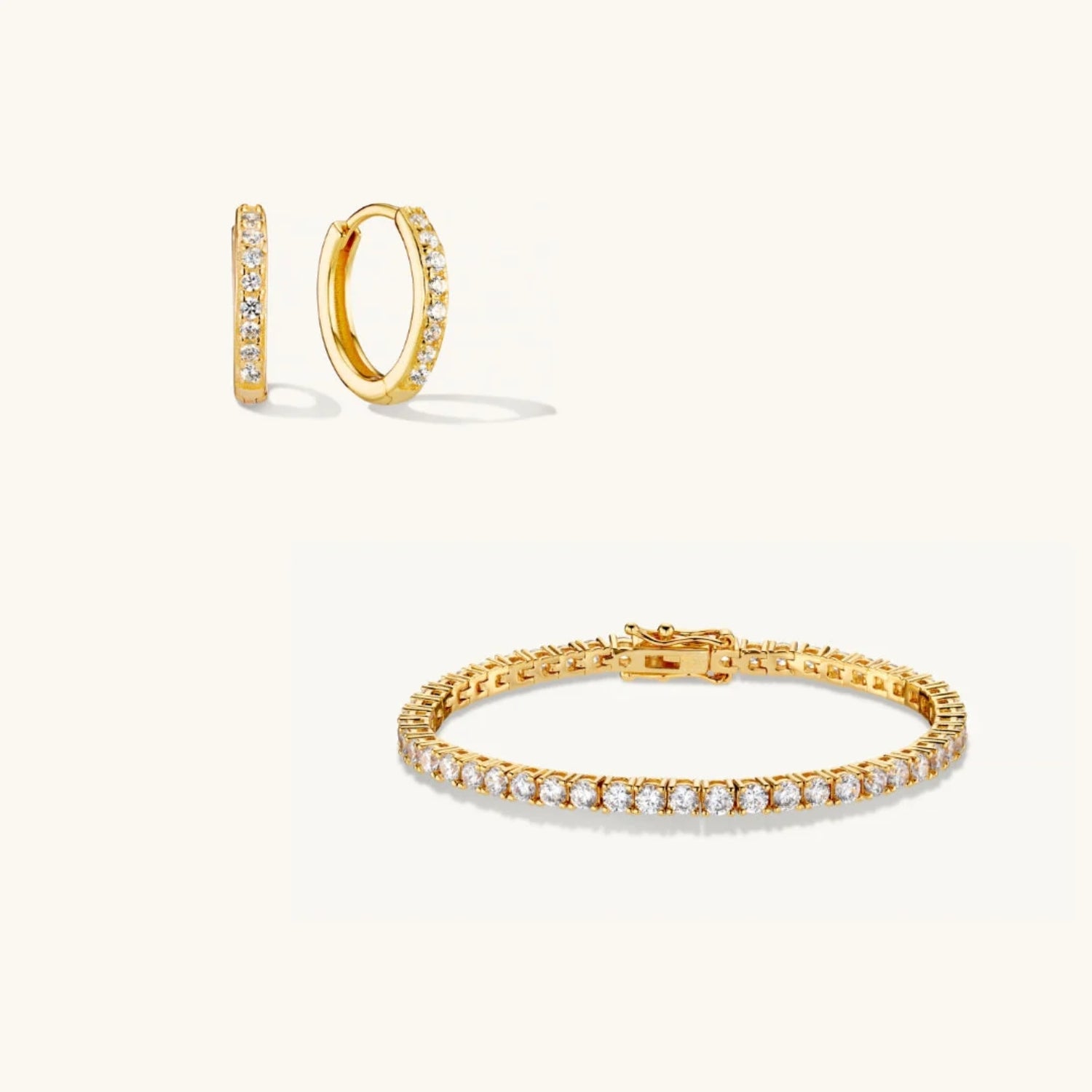 Parure Bracelet Chaîne Tennis & Petites Créoles Pavé en Or