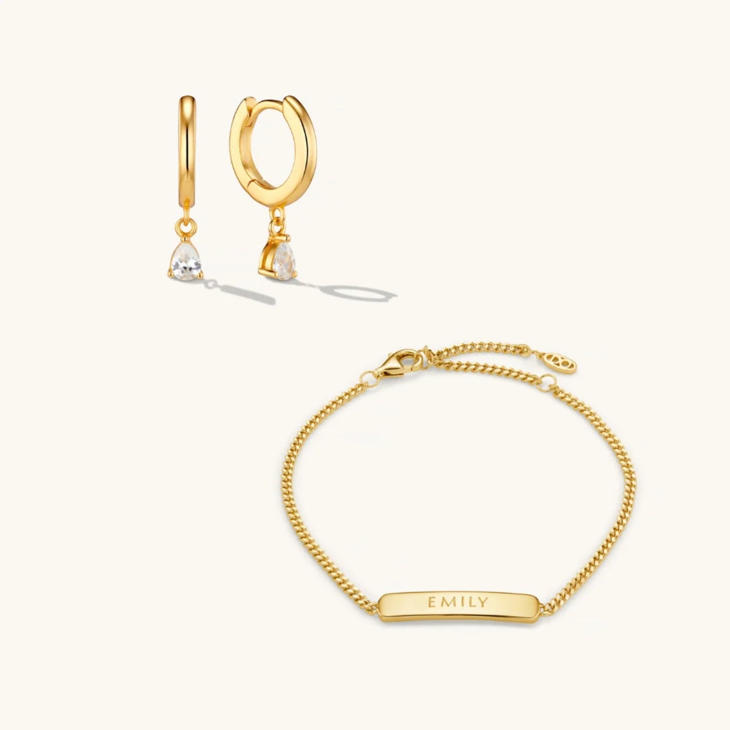 Parure Bracelet Gravé & Boucles d’Oreilles Créoles Crystal Drop en Or