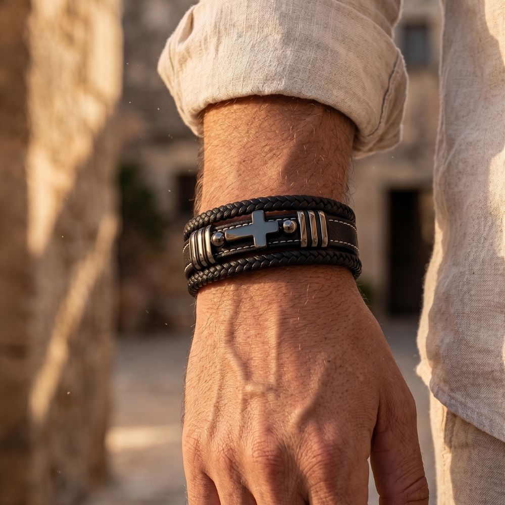 Sanctum | Pulsera Cuero Cruz Hombre