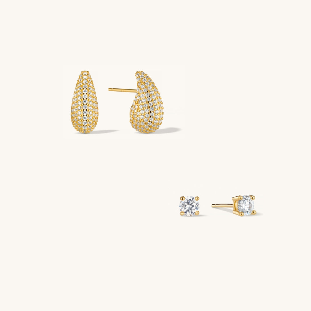 Parure Superposée Boucles d’Oreilles Pavé Dome & Puces Diamant en Or
