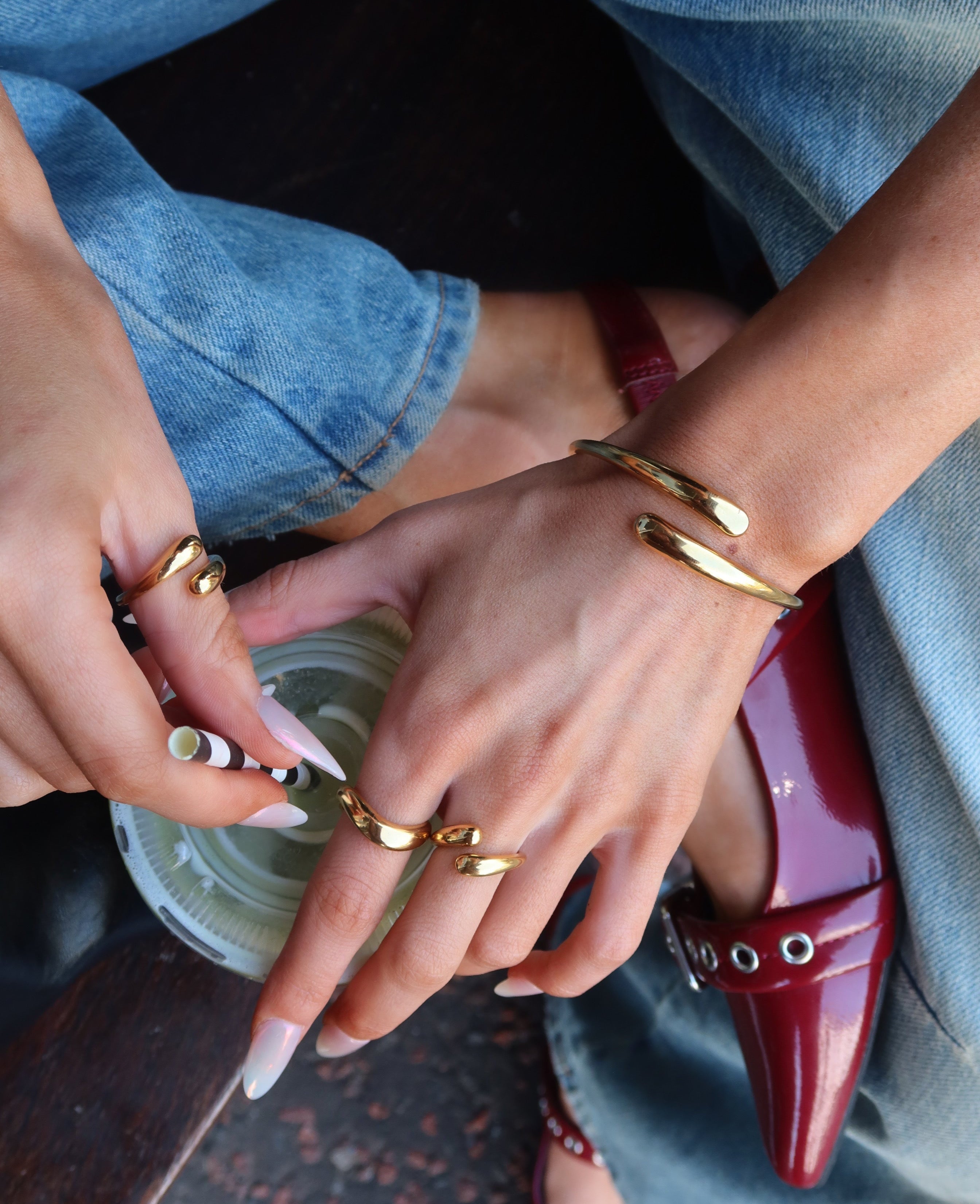 Bracelet Manchette Dôme & Créoles Aura Perle - Set Assorti en Or