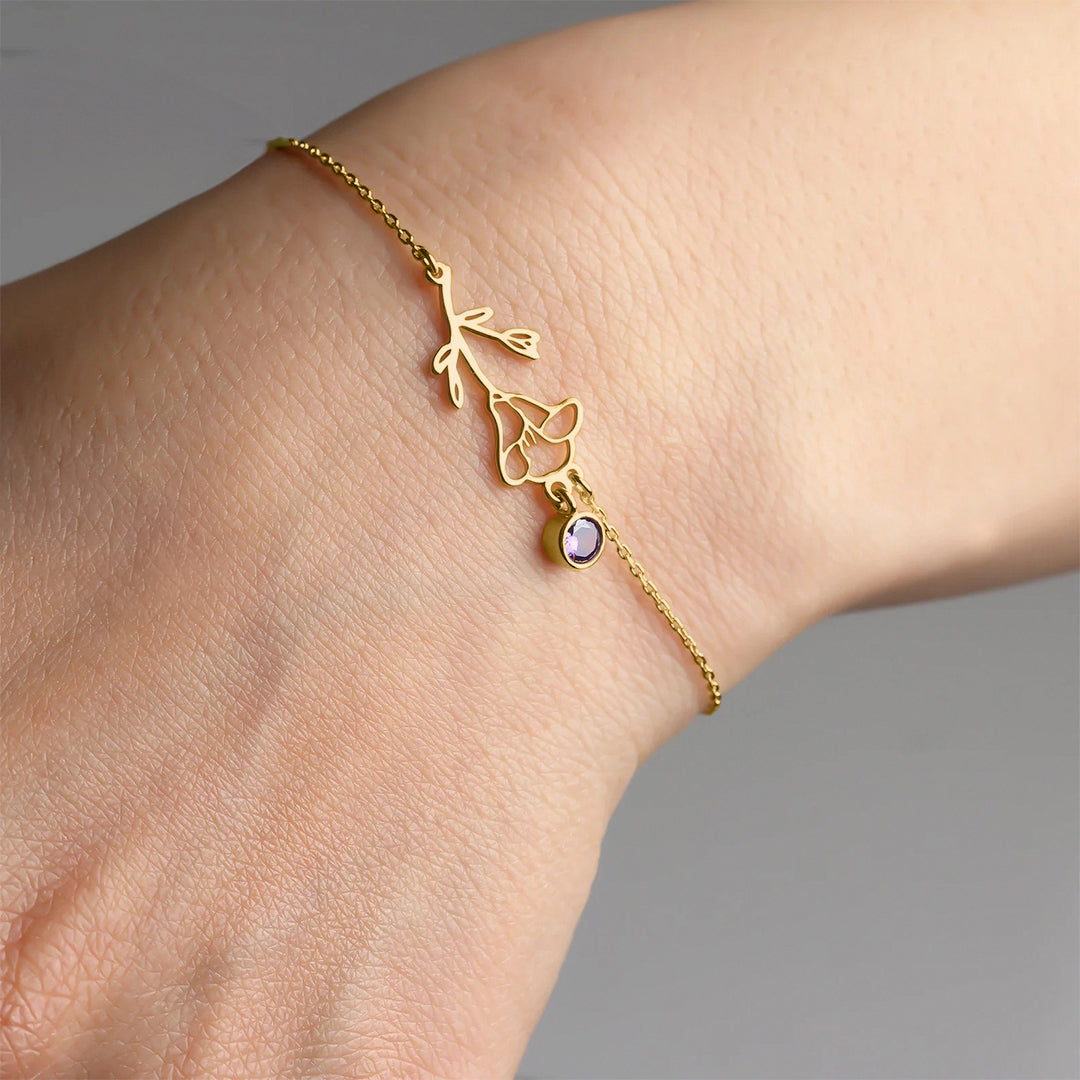 Bracelet Fleur de Naissance avec Pendentif Pierre de Naissance en Or