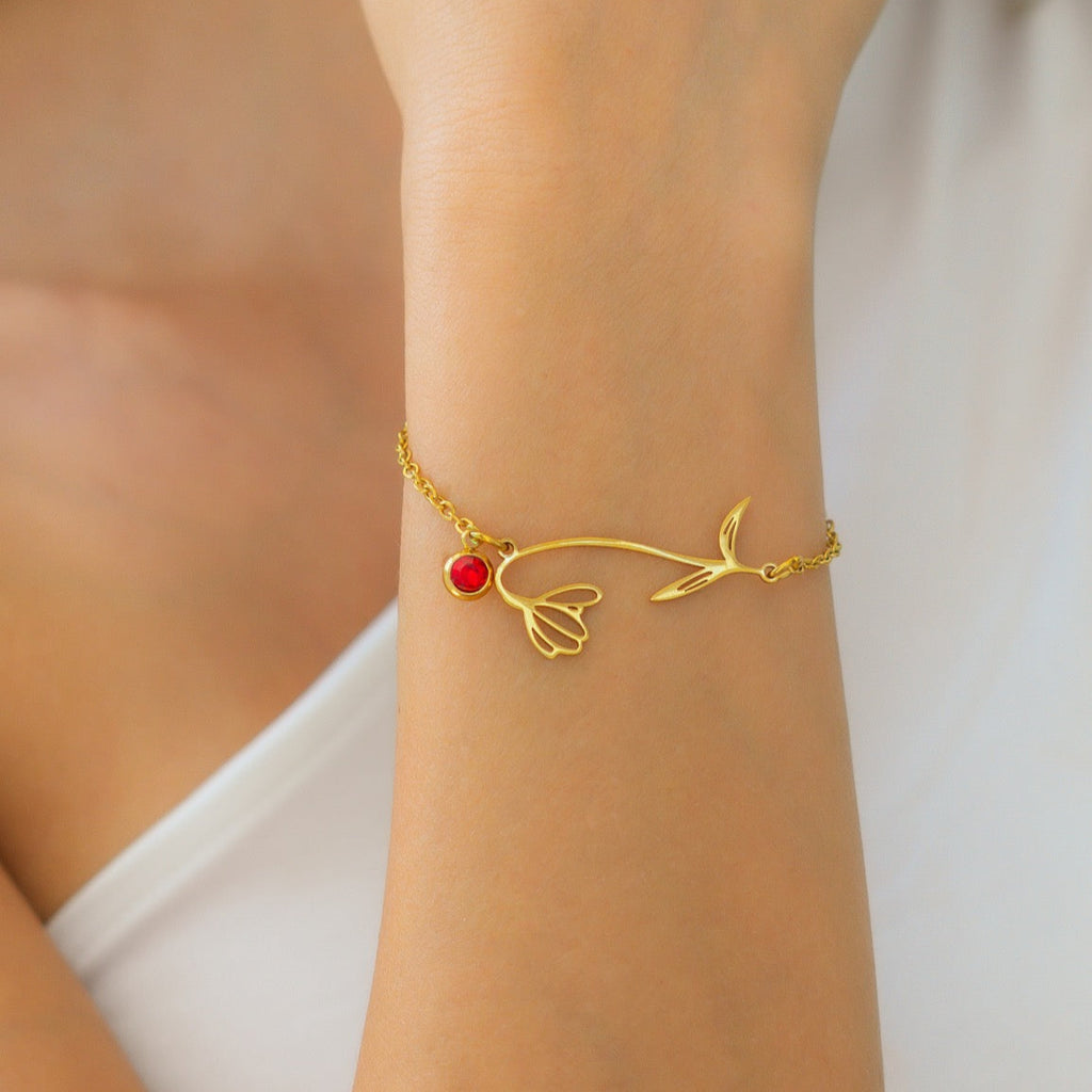 Bracelet Fleur de Naissance avec Pendentif Pierre de Naissance en Or