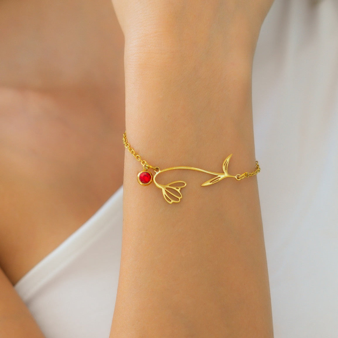 Bracelet Fleur de Naissance avec Pendentif Pierre de Naissance en Or